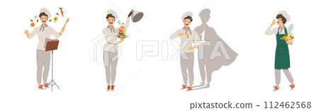 Young Man Chef Master in Toque Preparing and Cooking Food Vector Set 112462568