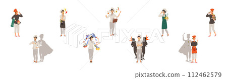 Young Man and Woman Chef Master in Toque Preparing and Cooking Food Vector Set Young Man and Woman Chef Master in Toque Preparing and Cooking Food Vector Set 112462579