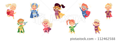 Cute Kid Superhero in Costume Have Super Power Vector Set 112462588