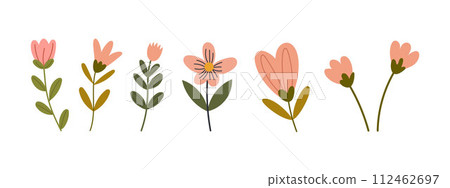Hand drawn minimal flowes. Floral springtime prints design. Isolated on white background. Vector stock illustration 112462697