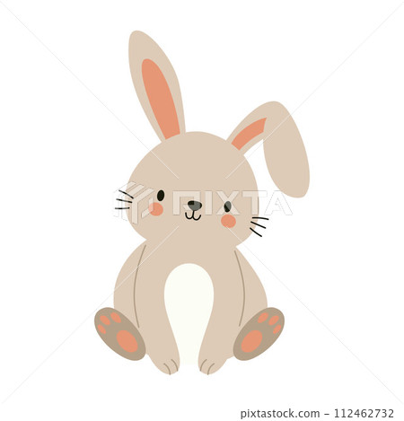 Cute boho little Easter bunny. Cartoon rabbit character for kids cards, baby shower, invitation, poster. Vector stock illustration 112462732