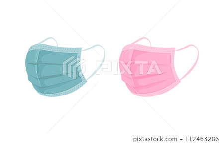 Medical masks. Masks to protect against viruses and diseases. Protective medical masks in green and pink colors. Vector illustration Medical masks. Masks to protect against viruses and diseases. Protective medical masks in green and pink colors. Vector illustration 112463286