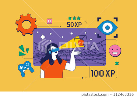 Virtual reality concept in flat neo brutalism design for web. Woman in VR headset interacting with simulation space, cyber gaming. Vector illustration for social media banner, marketing material. 112463336