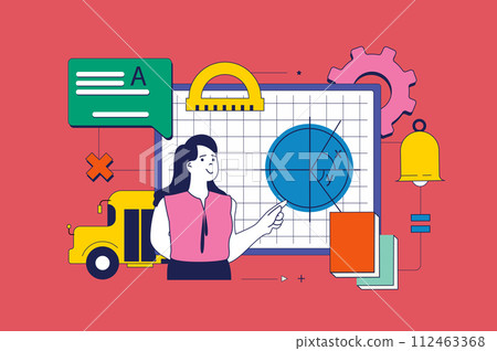 School learning concept in flat neo brutalism design for web. Teacher explaining math by class chalkboard, teaching pupils at lesson. Vector illustration for social media banner, marketing material. 112463368