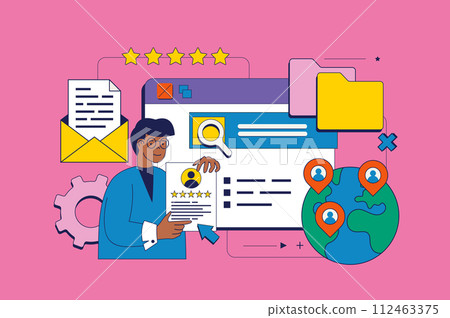 Recruitment concept in flat neo brutalism design for web. Man searching candidates for vacancy, searches best cv, hiring employees. Vector illustration for social media banner, marketing material. 112463375