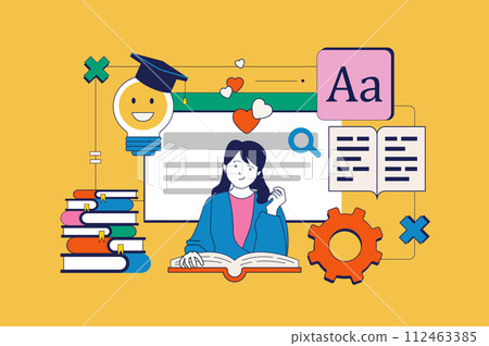 Book reading concept in flat neo brutalism design for web. Woman reads novels, learning textbook or e-book, pastime with literature. Vector illustration for social media banner, marketing material. 112463385