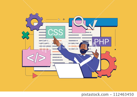 Programming concept in flat neo brutalism design for web. Man coding and creating software, engineering programs and searching bugs. Vector illustration for social media banner, marketing material. 112463450