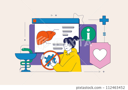 Medical concept in flat neo brutalism design for web. Woman getting online consultation, professional diagnostic and doctor treatments. Vector illustration for social media banner, marketing material. 112463452