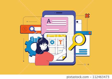 Design development concept in flat neo brutalism design for web. Woman makes mobile app layouts, creating and engineering interface. Vector illustration for social media banner, marketing material. 112463473