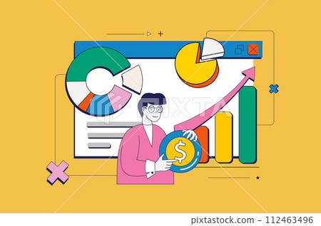 Business concept in flat neo brutalism design for web. Businessman makes finance analysis at graphs and charts, earning profit money. Vector illustration for social media banner, marketing material. Business concept in flat neo brutalism design for web. Businessman makes finance analysis at graphs and charts, earning profit money. Vector illustration for social media banner, marketing material. 112463496