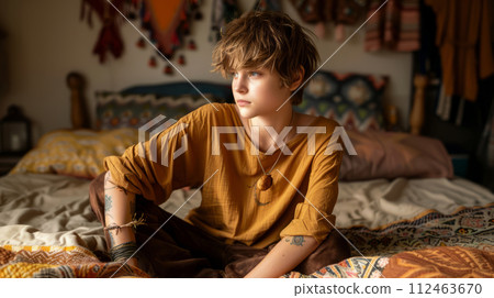 AI-generated content. Pensive Teenager in a Cozy Bedroom Environment Reflecting 112463670