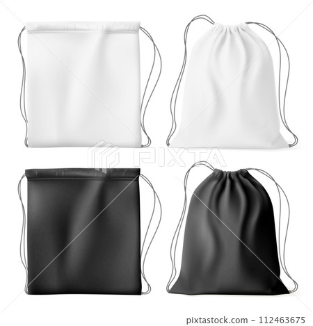 Drawstring bags. Realistic sport sack with rope or nylon cord, canvas backpack mockup for gym fabric back bag template fashion textile rucksack, pouch nowaday vector illustration Drawstring bags. Realistic sport sack with rope or nylon cord, canvas backpack mockup for gym fabric back bag template fashion textile rucksack, pouch nowaday vector illustration 112463675