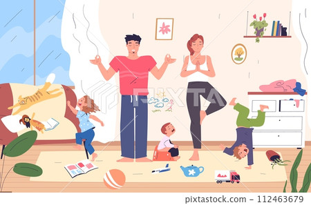 Parents meditating. Stressed parent with jump hyperactive baby home apartment, tired mommy calm dad relax yoga in family chaos mischievous kids, serenity classy vector illustration Parents meditating. Stressed parent with jump hyperactive baby home apartment, tired mommy calm dad relax yoga in family chaos mischievous kids, serenity classy vector illustration 112463679