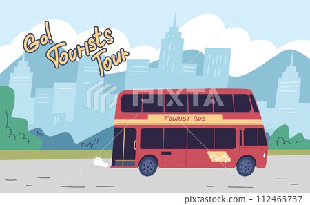 Excursion bus. London double decker car on city mountain highway, britain sightseeing europe tour touristic transport, tourist summer travel euro trip banner vector illustration Excursion bus. London double decker car on city mountain highway, britain sightseeing europe tour touristic transport, tourist summer travel euro trip banner vector illustration 112463737