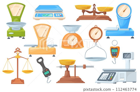 Retail scales. Digital scale and mechanical weighed, seesaw balance food weighing for laboratory store mechanism vintage libra precision instrument cartoon neat vector illustration 112463774