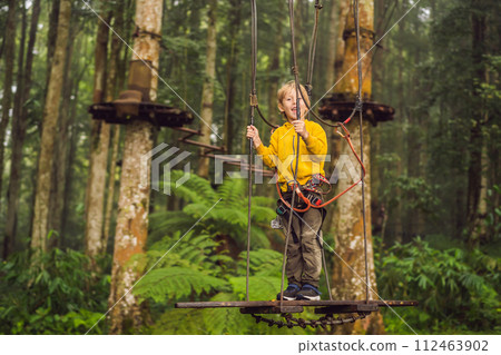 Little boy in a rope park. Active physical recreation of the child in the fresh air in the park. Training for children 112463902
