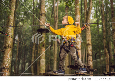 Little boy in a rope park. Active physical recreation of the child in the fresh air in the park. Training for children 112463950
