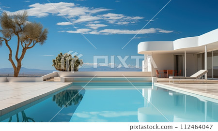 Modern villa with large terrace and swimming pool. Luxurious and minimalistic design. Generative AI Modern villa with large terrace and swimming pool. Luxurious and minimalistic design. Generative AI 112464047