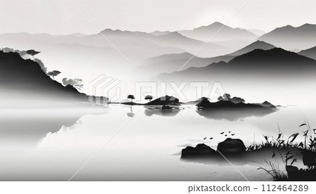 安靜的湖墨畫風格插畫 安靜的湖墨畫風格插畫 112464289