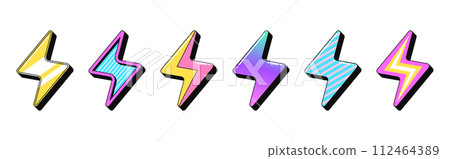 Isolated retro lightning icon set, vector stickers. Lightning flash, electric charge, energy recharge, electricity power. Outline 3D lightnings with pattern. Retro design elements for ads and party 112464389