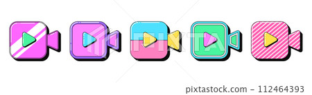 Isolated retro video camera icon set, vector stickers. Music clip, play channel, entertainment movie and media content, live video show. Outline camcorders with pattern. Retro design elements for ads 112464393