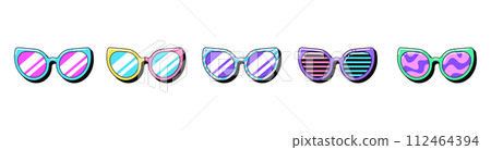 Isolated retro sunglasses icon set, vector stickers. Fashion glasses, glamour spectacles, crazy party eyewear. Outline 3d sunglasses with pattern. Retro design elements for party and pop culture 112464394