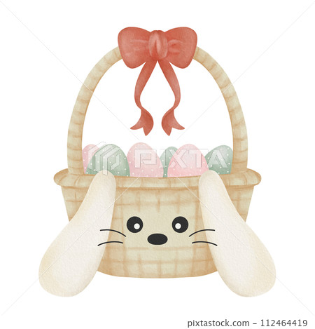 Watercolor cute happy white polka dot pink green easter egg in bunny basket Watercolor cute happy white polka dot pink green easter egg in bunny basket 112464419