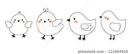 Cute little Easter chicken outline sketch collection. Charming doodle line art characters for kids cards, baby shower, invitation, poster. Vector stock illustration 112464420