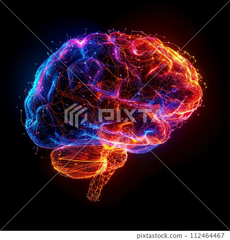 Glowing Human Brain. Blue and Orange Neon. Artificial Intelligence. Futuristic Style. AI Generative 112464467