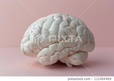 Realistic Human Brain Model Made of White Marble. Soft Pink Minimalist Background. AI Generated Realistic Human Brain Model Made of White Marble. Soft Pink Minimalist Background. AI Generated 112464469
