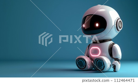 3D Chatbot GPT Mascot. Futuristic Technology Blue Banner, Robot Assistant, copy space. AI Generated 112464471