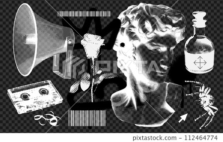 Vintage y2k set of different cool elements with retro negative photocopy effect. Y2k grunge loudspeaker, antique statue, cassette, rose, spider with a grainy effect and stippling. Vector illustration Vintage y2k set of different cool elements with retro negative photocopy effect. Y2k grunge loudspeaker, antique statue, cassette, rose, spider with a grainy effect and stippling. Vector illustration 112464774