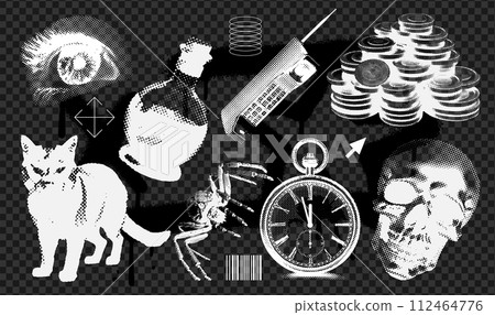 Retro negative photocopy effect futuristic grunge elements collection for design. Abstract three-dimensional skull, cat, eye, cellphone, clock, spider. Vector illustration for poster, banner, sticker 112464776