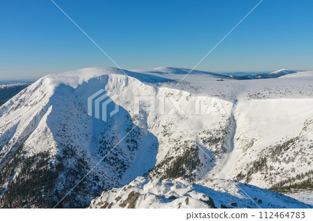 Giant Mine, Studnicni mountain , view from  snezka, mountain on the border between Czech Republic and Poland, winter morning. 112464783