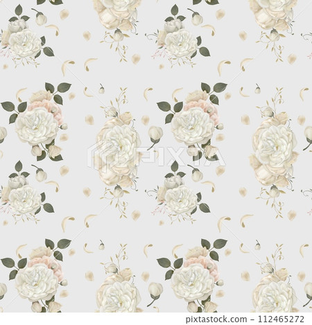 Floral pattern with white flowers and green leaves. Patterns, fabric Floral pattern with white flowers and green leaves. Patterns, fabric 112465272