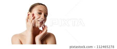Banner. Cheerful young lady with flawless skin against white studio background with negative space to insert your text. 112465278