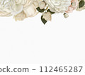 Frame for congratulations and text, white garden roses and leaves 112465287