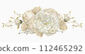 beautiful white peonies and roses with leaves on a white background 112465292
