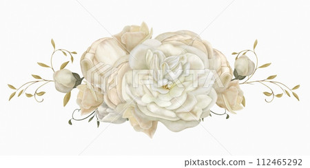 beautiful white peonies and roses with leaves on a white background beautiful white peonies and roses with leaves on a white background 112465292