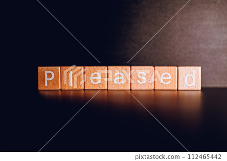 Wooden blocks form the text "Pleased" against a black background. Wooden blocks form the text "Pleased" against a black background. 112465442