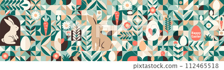 Easter seamless vector background. Modern geometric minimal abstract style with rabbits, geometric elements, eggs, plants, flowers. Cute spring holiday minimalist art for poster, printing, invitation 112465518