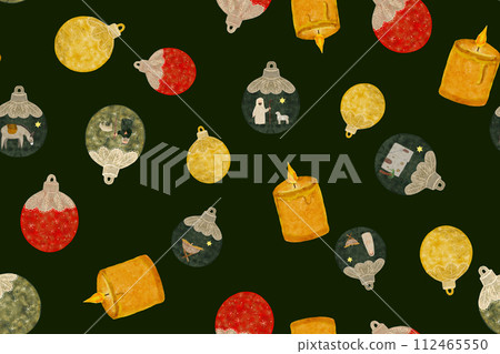 Watercolor Christmas decoration balls with nativity scene and a candle seamless multidirectional pattern 112465550