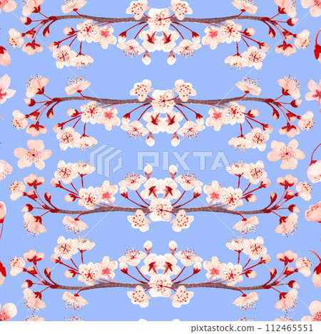Watercolor hand drawn bright pink sakura flower branch square seamless pattern on blue Watercolor hand drawn bright pink sakura flower branch square seamless pattern on blue 112465551