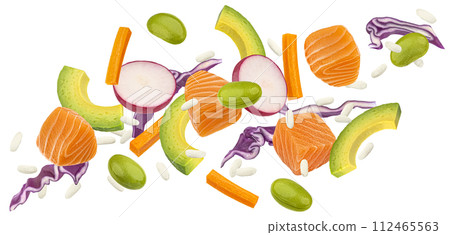 Falling salmon poke ingredients, traditional Hawaiian raw fish salad isolated on white background with clipping path 112465563