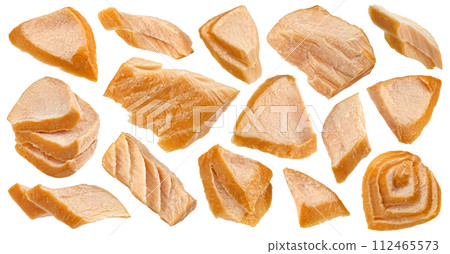 Hot smoked salmon pieces isolated on white background with clipping path 112465573