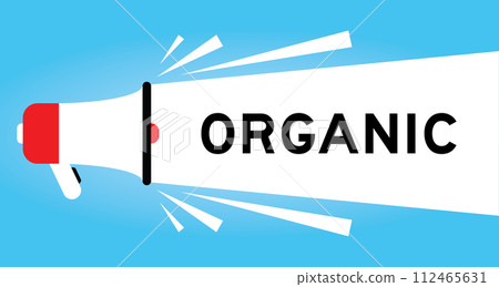 Color megaphone icon with word organic in white banner on blue background Color megaphone icon with word organic in white banner on blue background 112465631