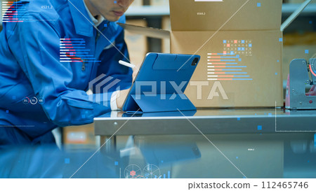 Workers inspecting goods at a distribution warehouse and data statistics image Workers inspecting goods at a distribution warehouse and data statistics image 112465746