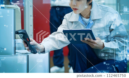 Worker wearing a power assist suit and technology image 112465750