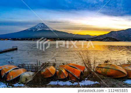 Beautiful scenic landscape of mountain Fuji or Fujisan on Kawaguchiko Lake at with twilight sky, Japan. Famous travel and camping in 1 of 5 Fuji lakes. 112465885