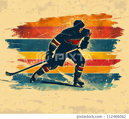 AI-generated content. Illustration of a hockey player in action with a grunge vintage background. Banner design for winter sports events 112466082